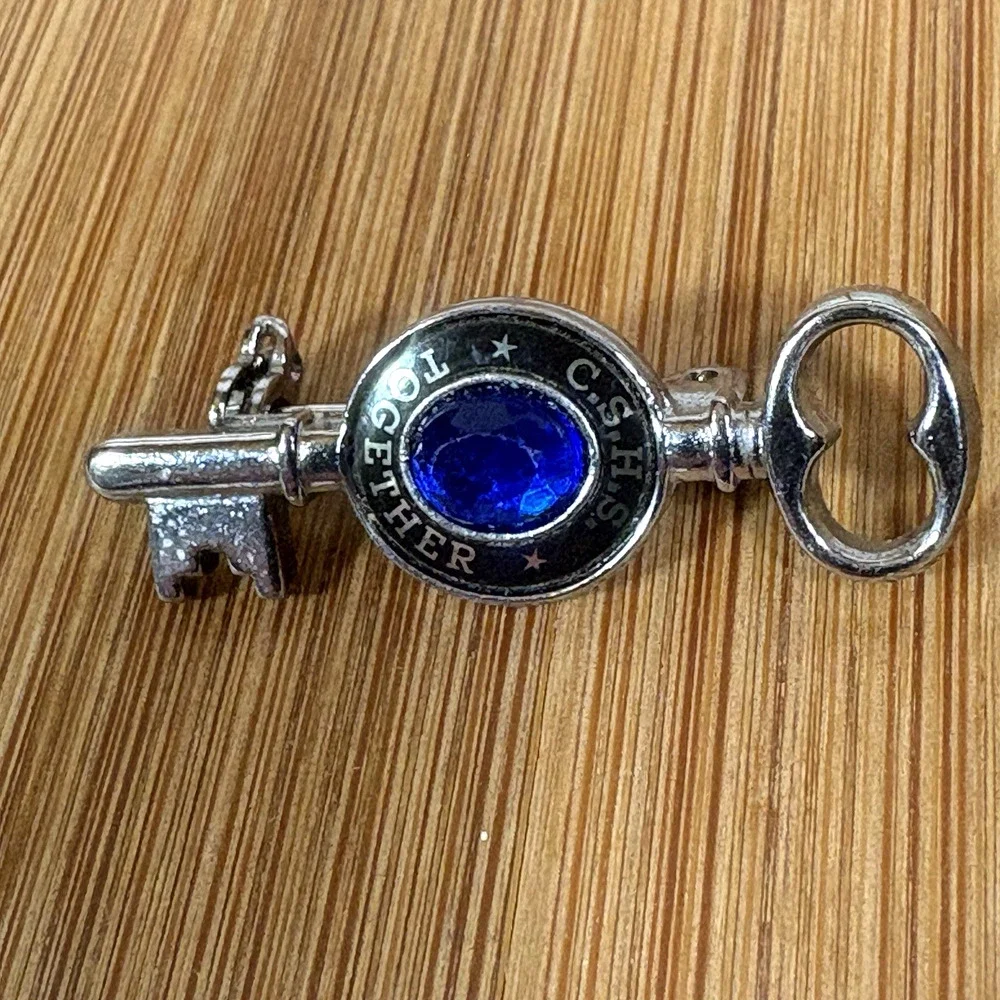Key Brooch Silver Tone Blue Stone High School 1 1/4